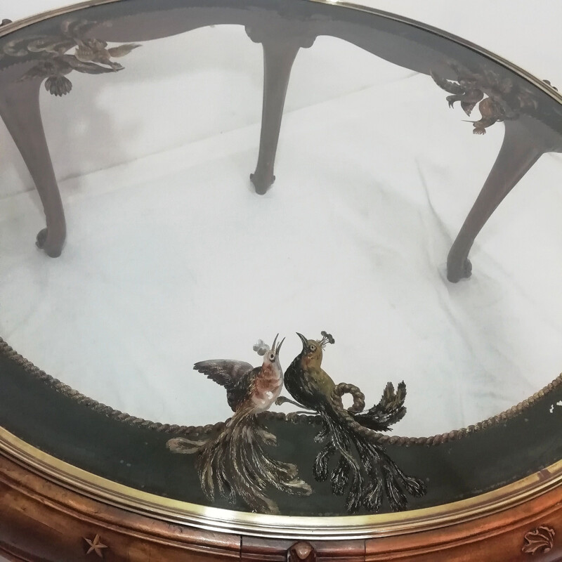 Vintage circular walnut coffee table with painted glass top, Spain 1950