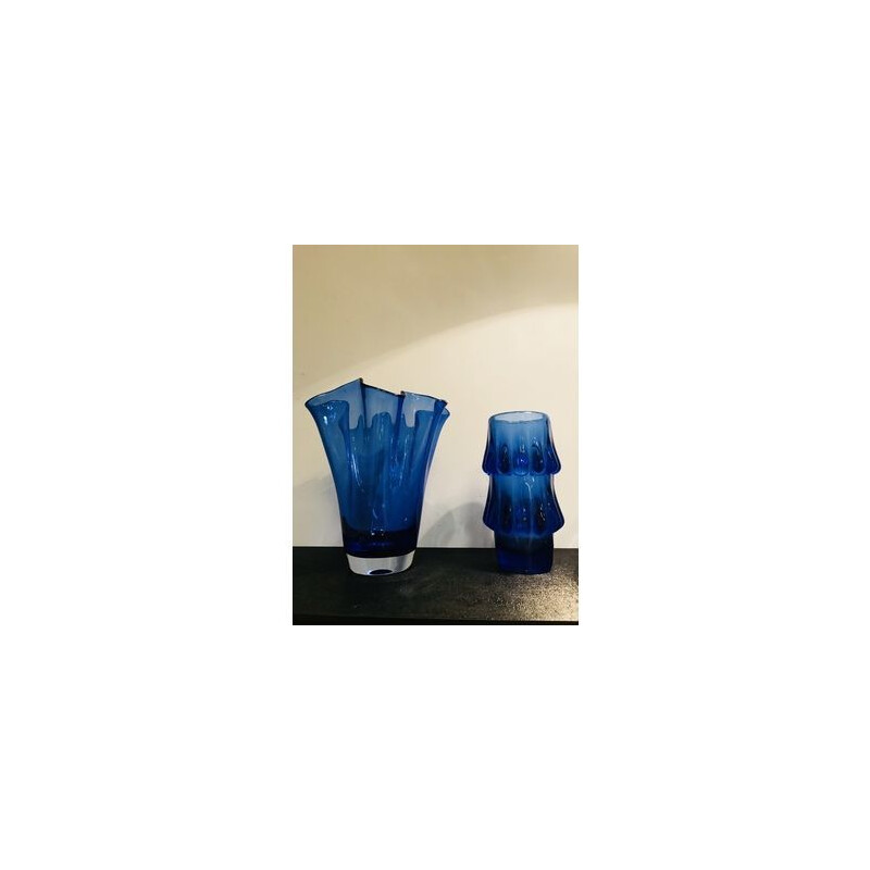 Vasi vintage in vetro artistico blu di Jiri Brabec 1970