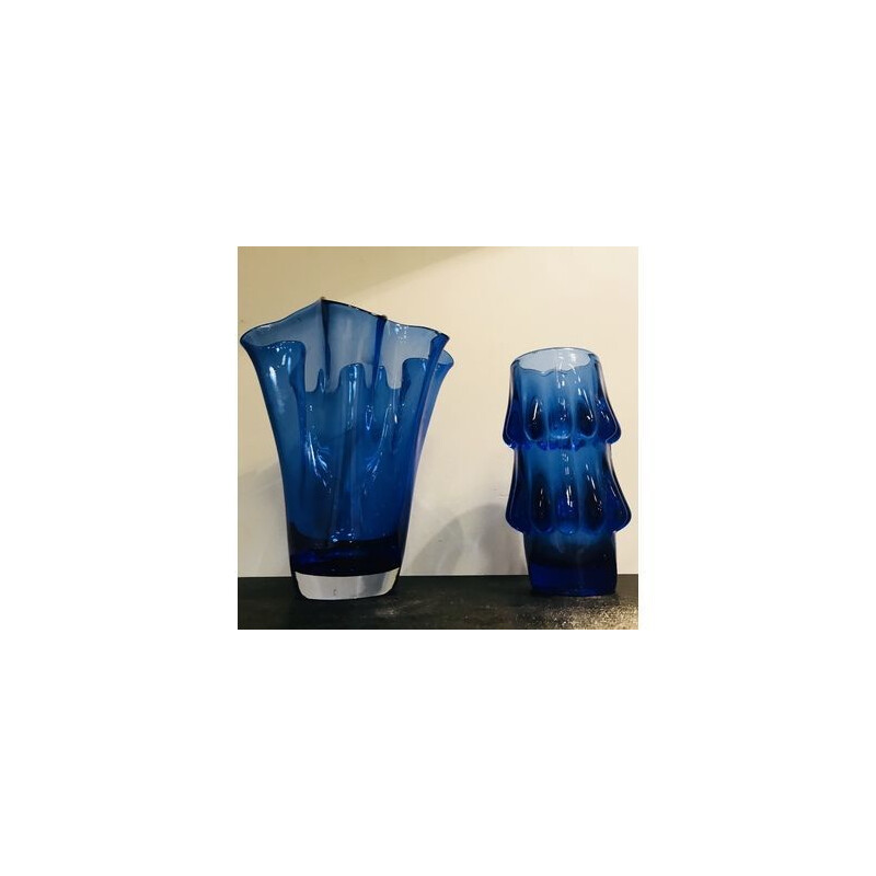 Vases vintage en verre d' art bleu par Jiri Brabec 1970