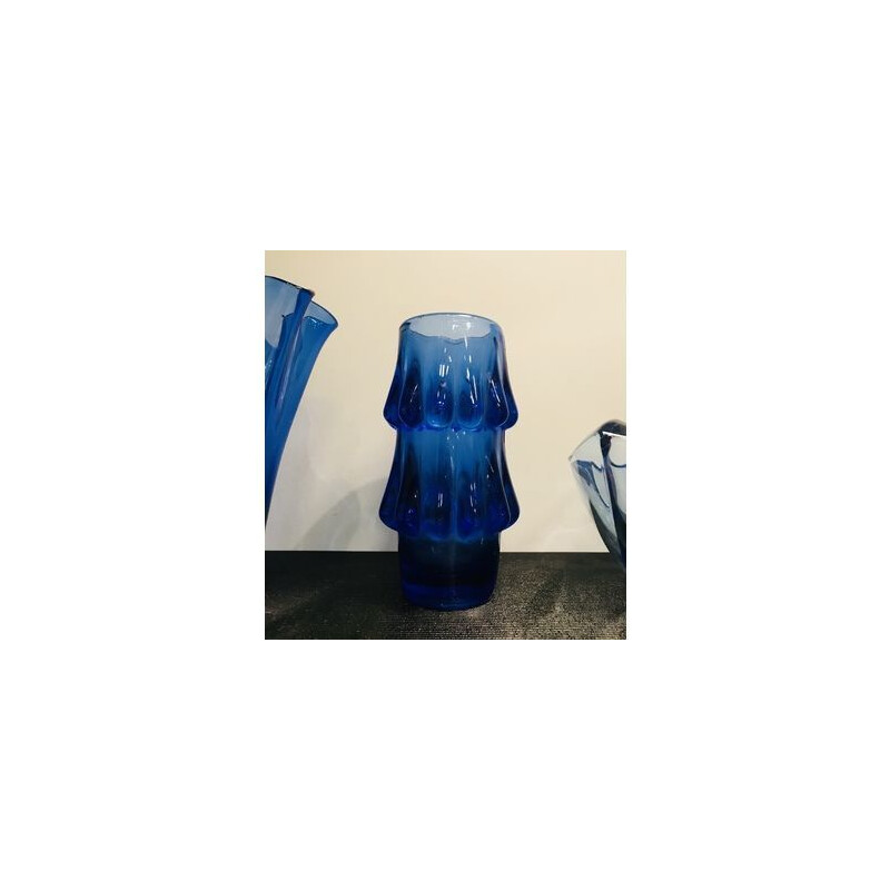 Vases vintage en verre d' art bleu par Jiri Brabec 1970