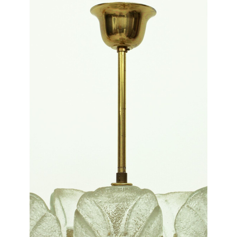 Vintage 15 arms brass and glass leaf chandelier by Carl Fagerlund, Sweden 1960