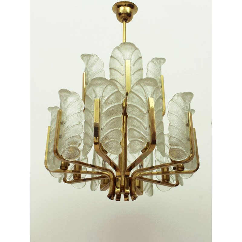 Vintage 15 arms brass and glass leaf chandelier by Carl Fagerlund, Sweden 1960