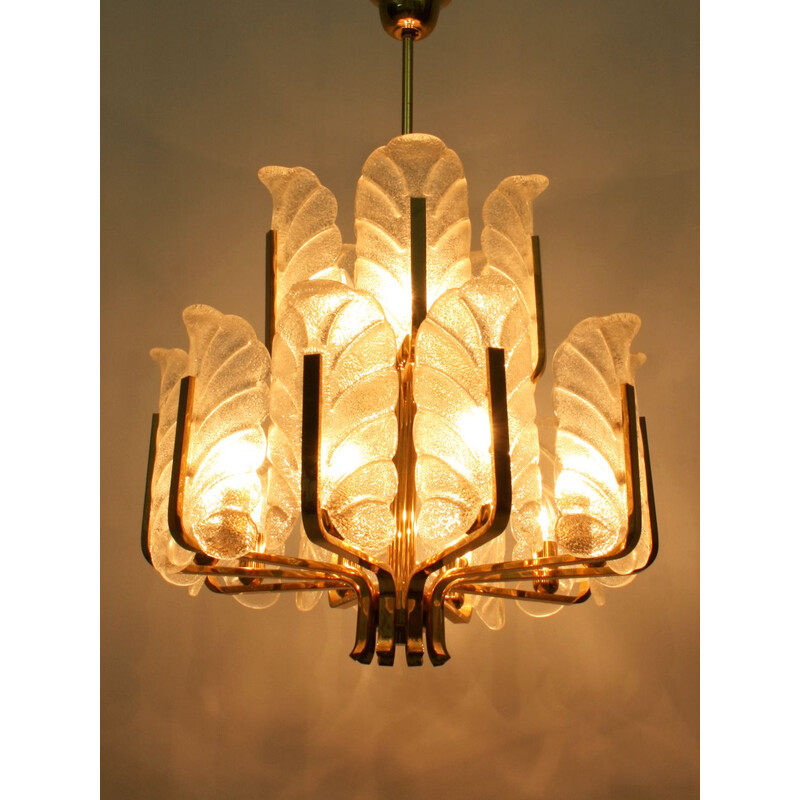 Vintage 15 arms brass and glass leaf chandelier by Carl Fagerlund, Sweden 1960