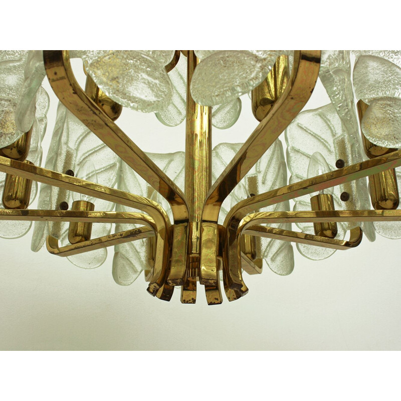 Vintage 15 arms brass and glass leaf chandelier by Carl Fagerlund, Sweden 1960