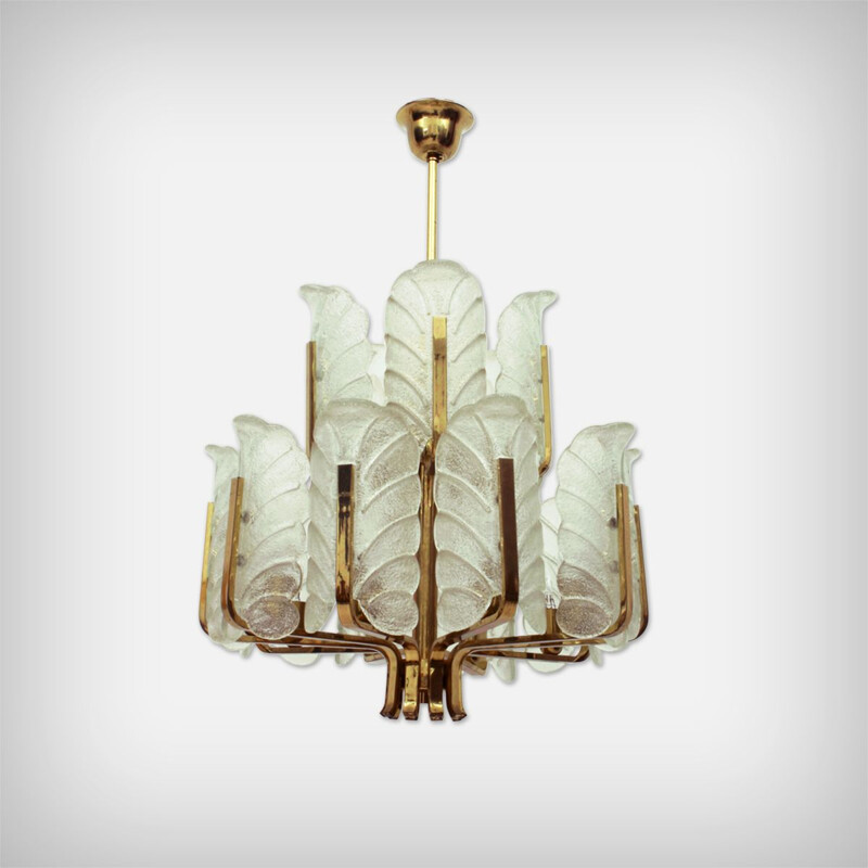 Vintage 15 arms brass and glass leaf chandelier by Carl Fagerlund, Sweden 1960