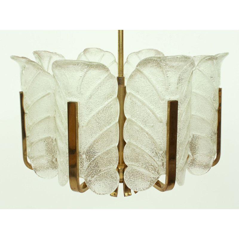 Lustre vintage en laiton et feuilles de verre par Carl Fagerlund, Suède 1960