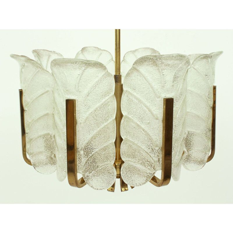 Vintage brass and glass leaf chandelier by Carl Fagerlund, Sweden 1960