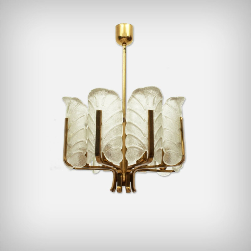 Vintage brass and glass leaf chandelier by Carl Fagerlund, Sweden 1960