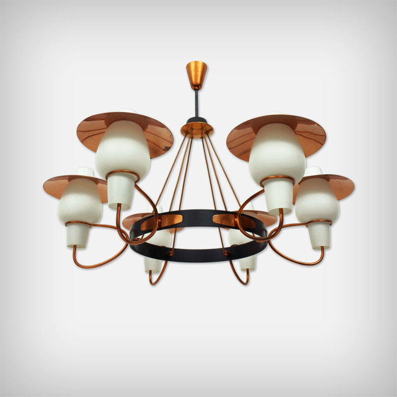 Vintage chandelier with 6 arms in copper and opaline glass, 1950