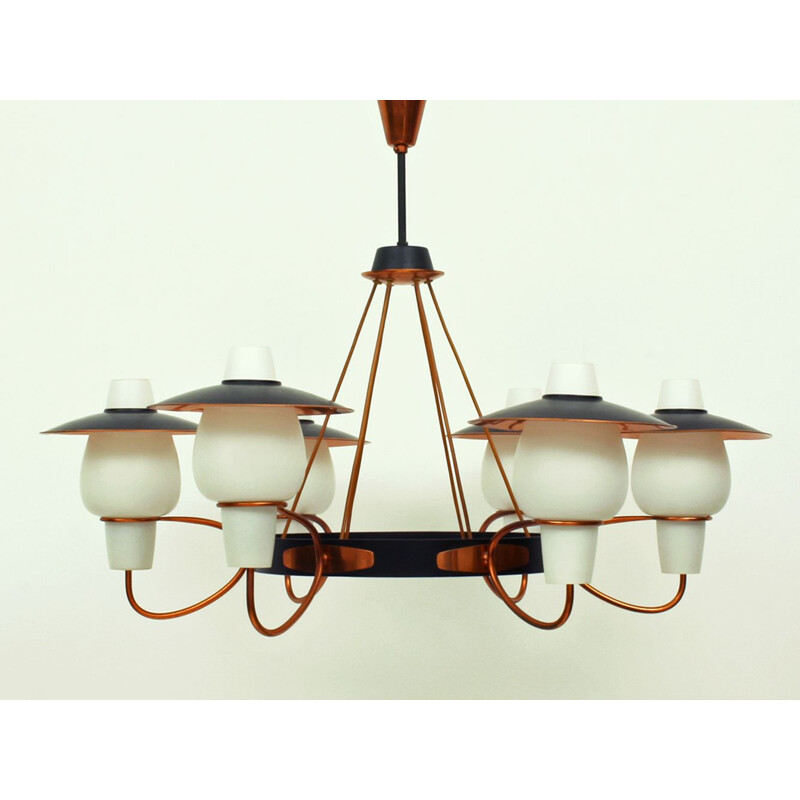 Vintage chandelier with 6 arms in copper and opaline glass, 1950