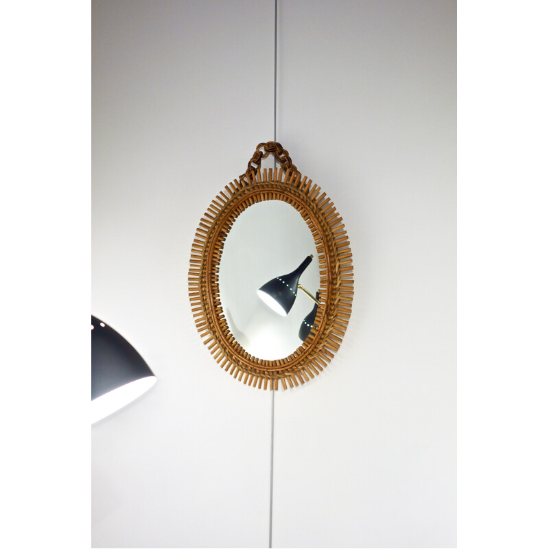 Vintage sun mirror Rattan and bamboo by Bonacina 1950s