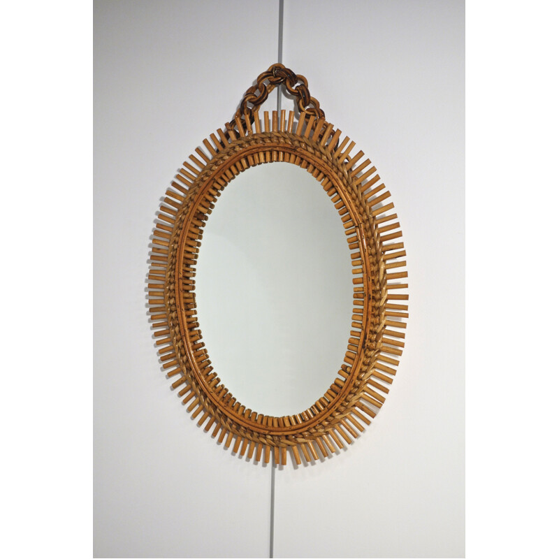 Vintage sun mirror Rattan and bamboo by Bonacina 1950s