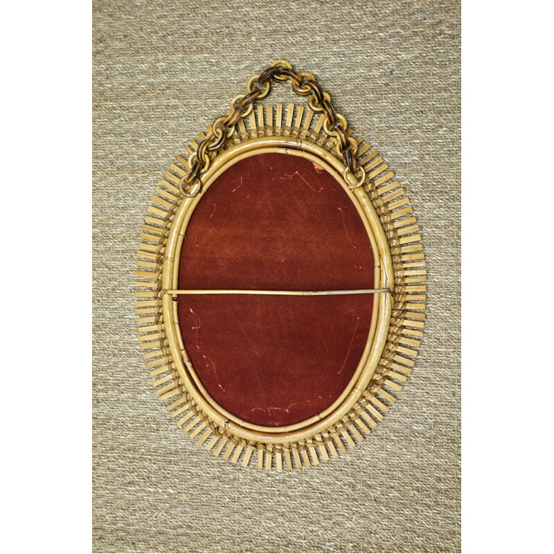 Miroir soleil vintage en rotin et bambou par Bonacina 1950