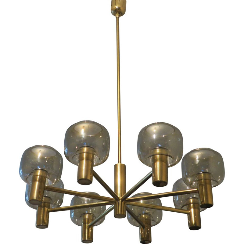 Vintage large chandelier with 8 arms in brass and glass 