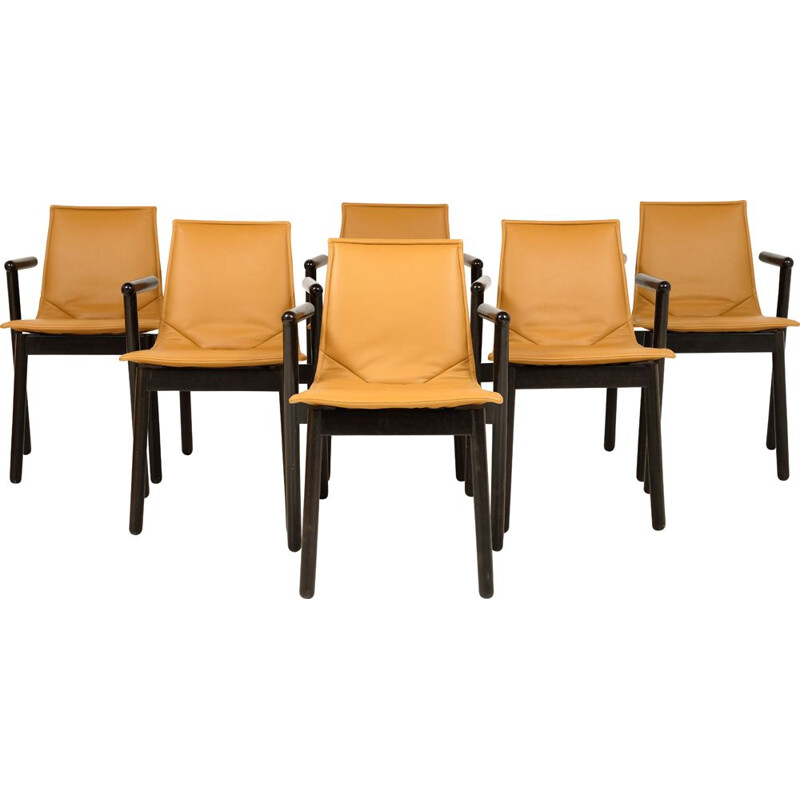 Ensemble de 6 chaises vintage cuir et bois Cassina 1980