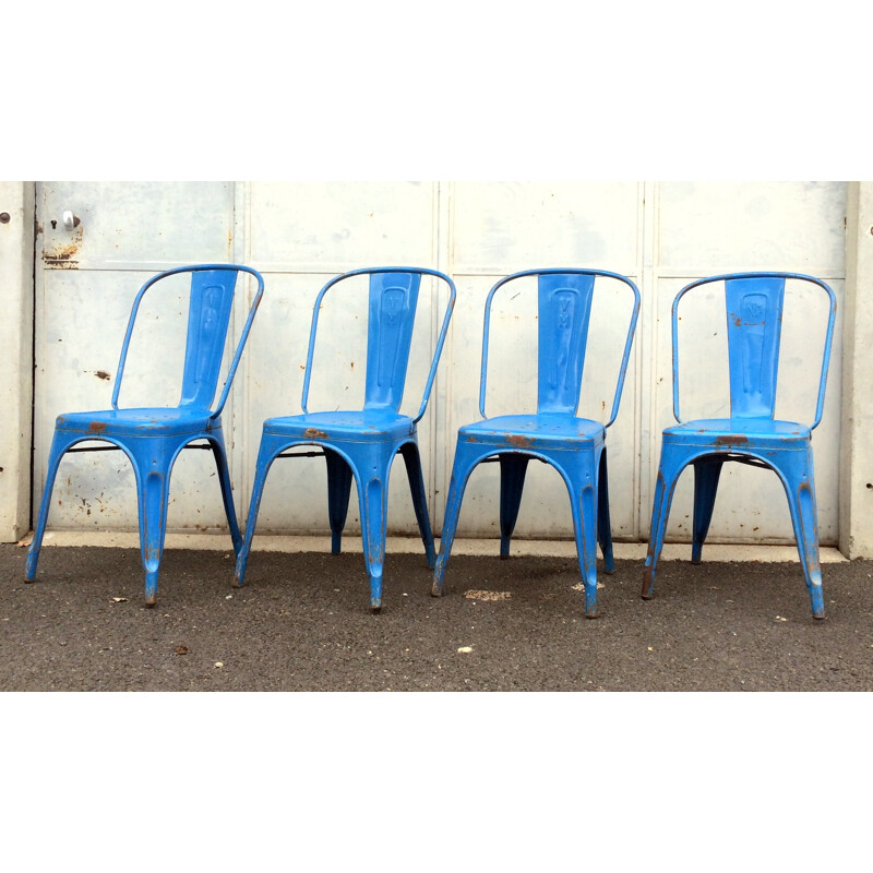 Set of 4 blue Tolix chairs in sheet steel, Xavier PAUCHARD - 1950s