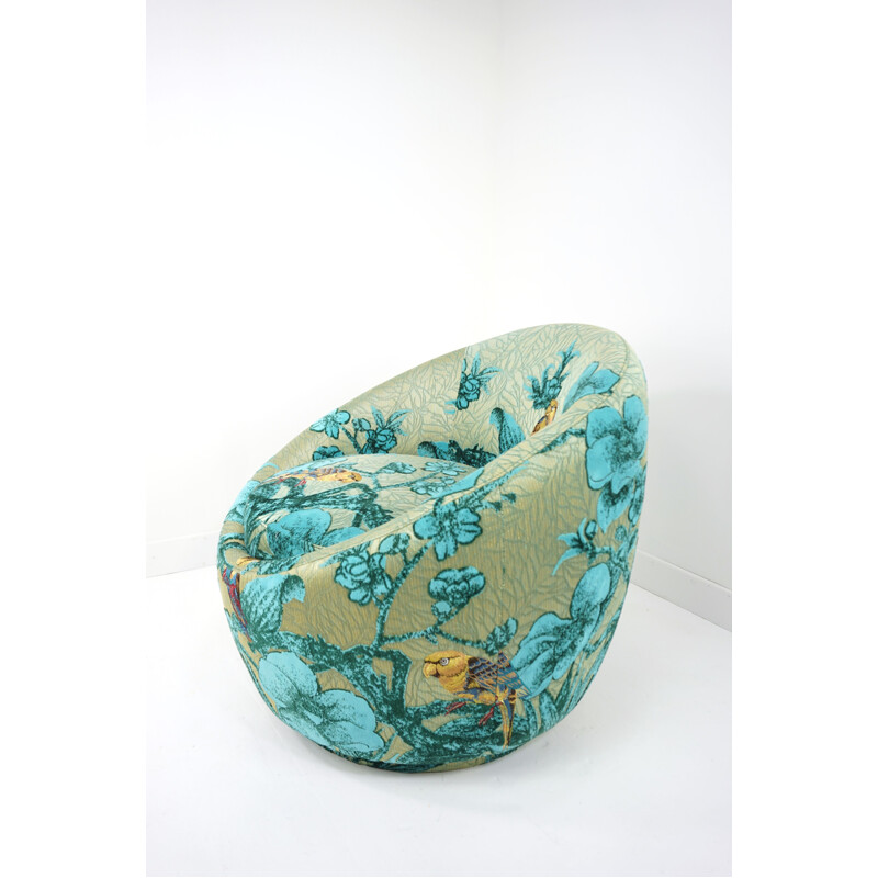 Vintage egg-shaped swivel armchair in turquoise fabric