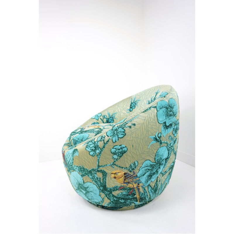 Vintage egg-shaped swivel armchair in turquoise fabric