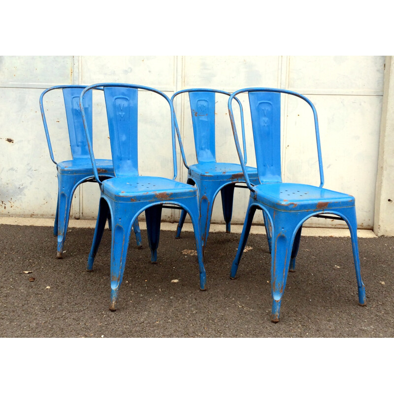Set of 4 blue Tolix chairs in sheet steel, Xavier PAUCHARD - 1950s