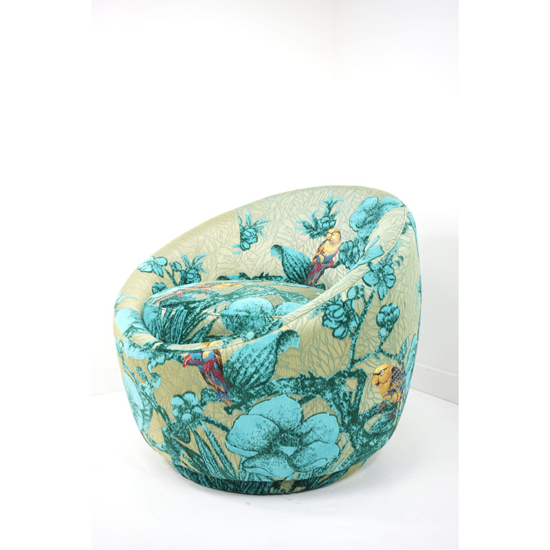 Vintage egg-shaped swivel armchair in turquoise fabric