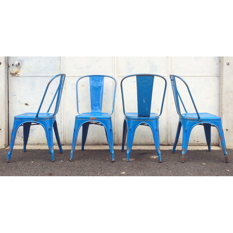 Set of 4 blue Tolix chairs in sheet steel, Xavier PAUCHARD - 1950s