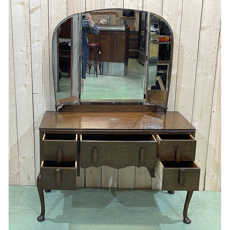 Vintage oak chippendale dressing table, England 1930