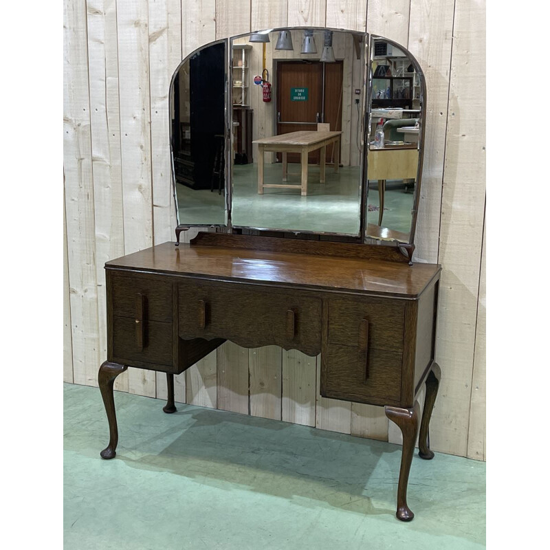 Vintage oak chippendale dressing table, England 1930