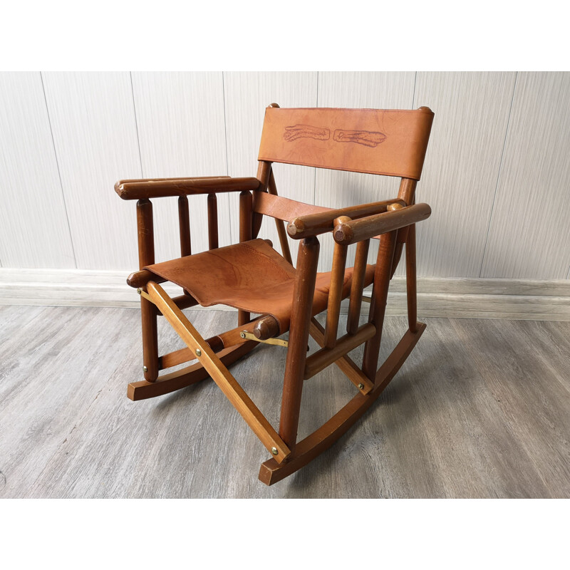 Fauteuil vintage à bascule en cuir pour enfants