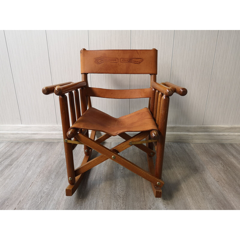 Fauteuil vintage à bascule en cuir pour enfants