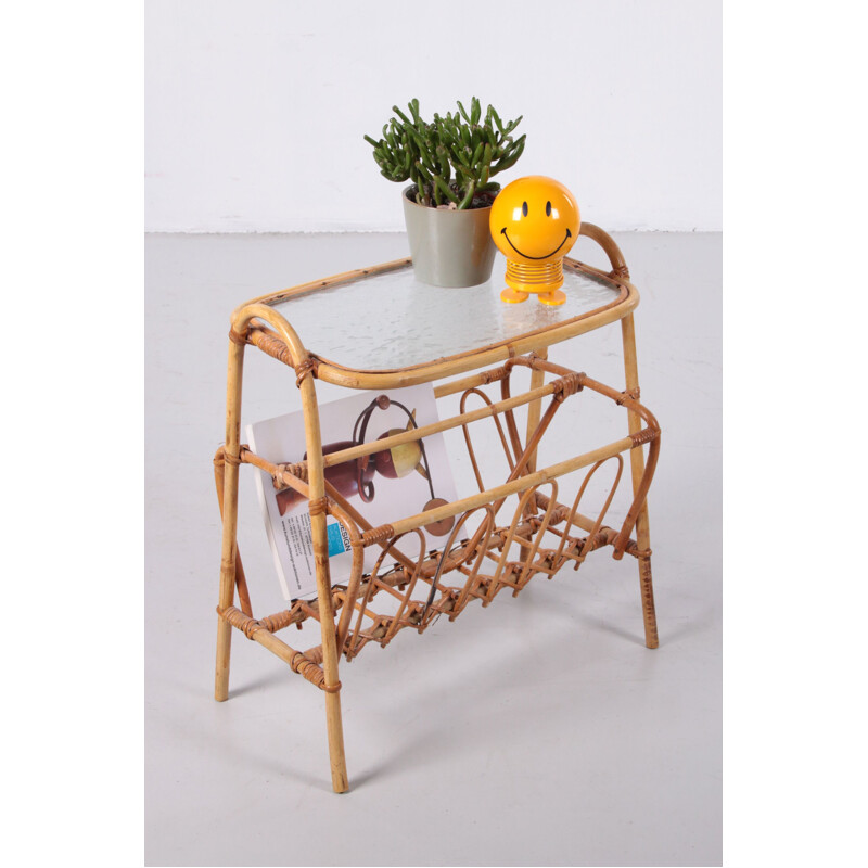 Vintage bamboo side table with storage racks 1960s