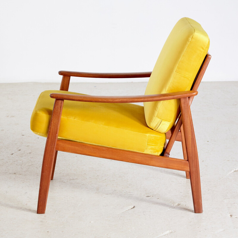 Vintage teak armchair with new yellow velvet upholstery Denmark 1960s