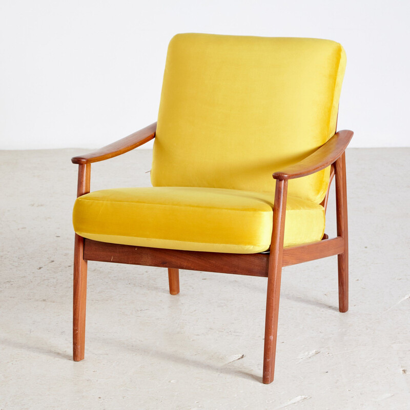 Vintage teak armchair with new yellow velvet upholstery Denmark 1960s