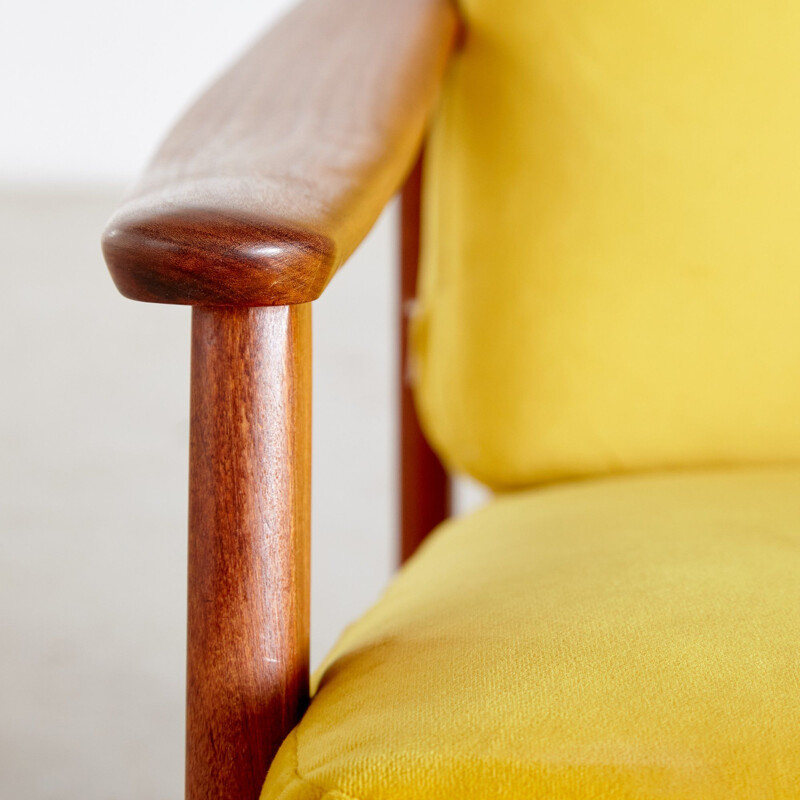 Vintage teak armchair with new yellow velvet upholstery Denmark 1960s