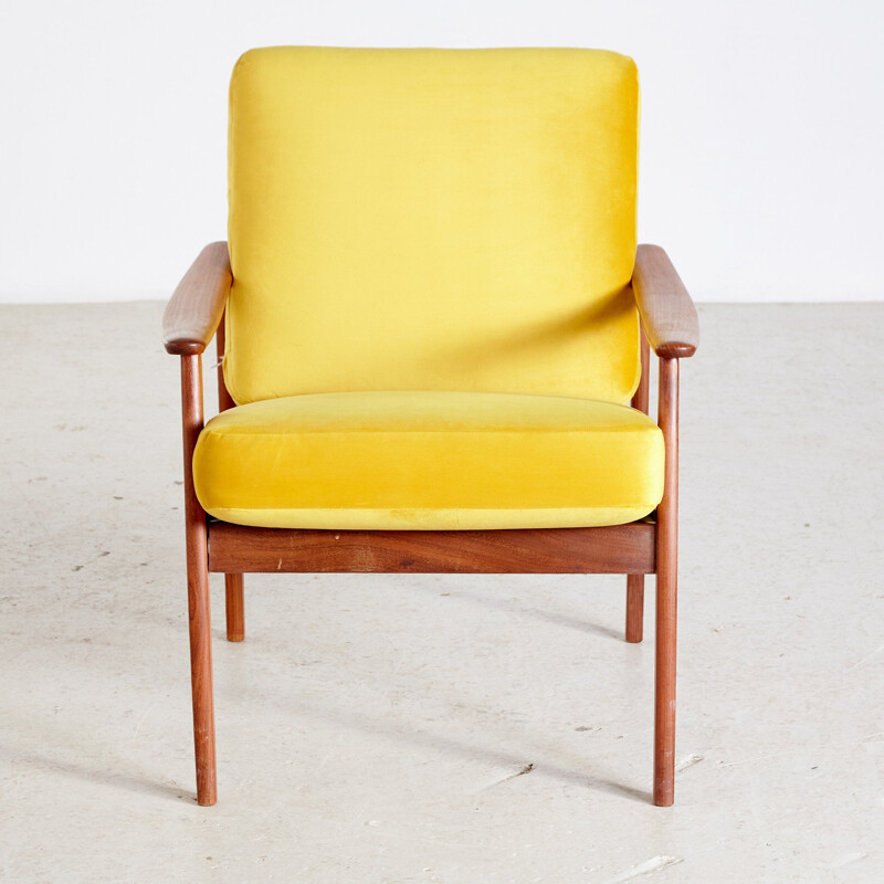 Vintage teak armchair with new yellow velvet upholstery Denmark 1960s
