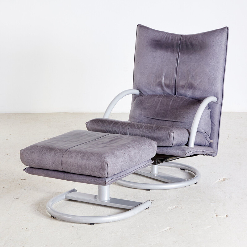 Pair of vintage grey leather chaise longue and footstool by Rolf Benz 1990s