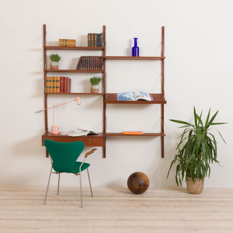 Vintage teak wall unit with desk and slanted shelf