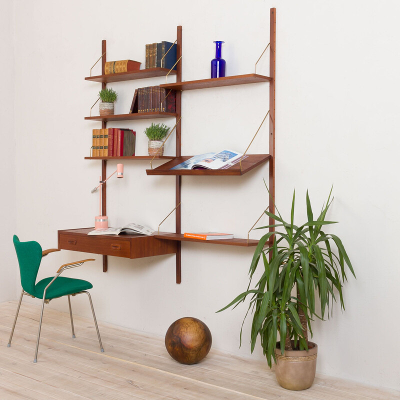 Vintage teak wall unit with desk and slanted shelf