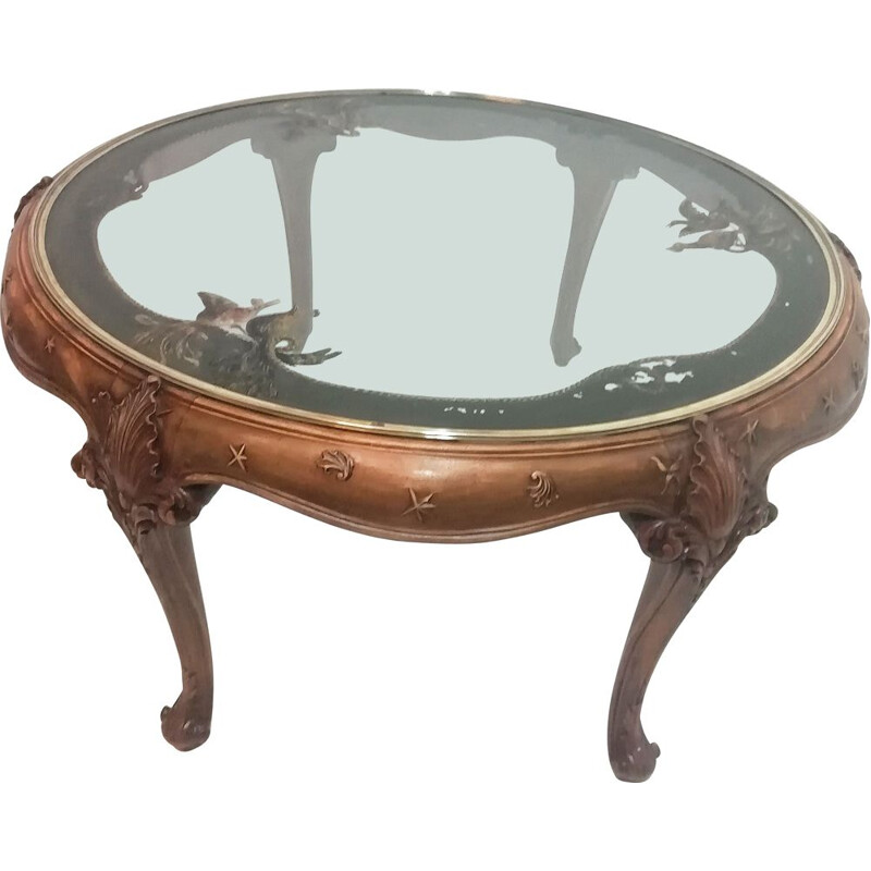 Vintage circular walnut coffee table with painted glass top, Spain 1950