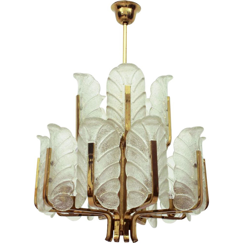 Vintage 15 arms brass and glass leaf chandelier by Carl Fagerlund, Sweden 1960