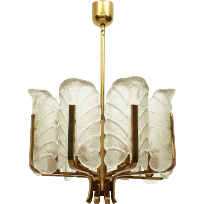 Vintage brass and glass leaf chandelier by Carl Fagerlund, Sweden 1960