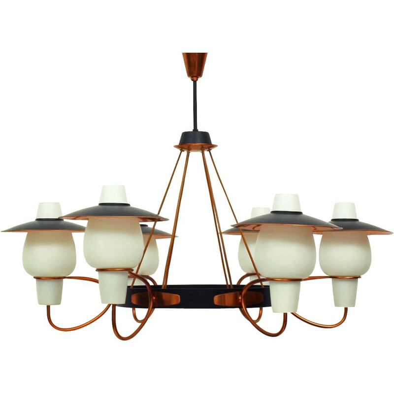 Vintage chandelier with 6 arms in copper and opaline glass, 1950