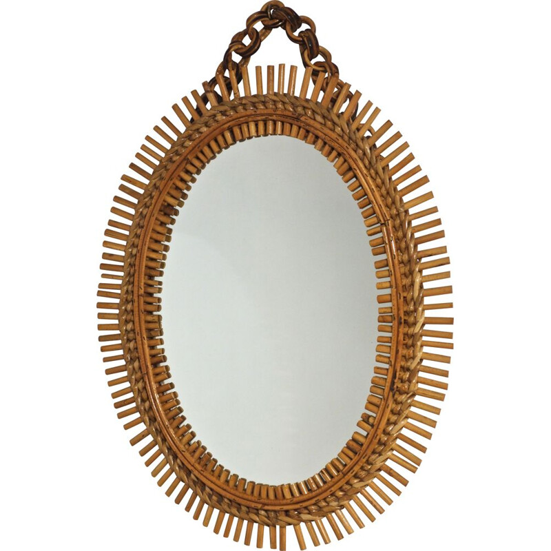 Vintage sun mirror Rattan and bamboo by Bonacina 1950s