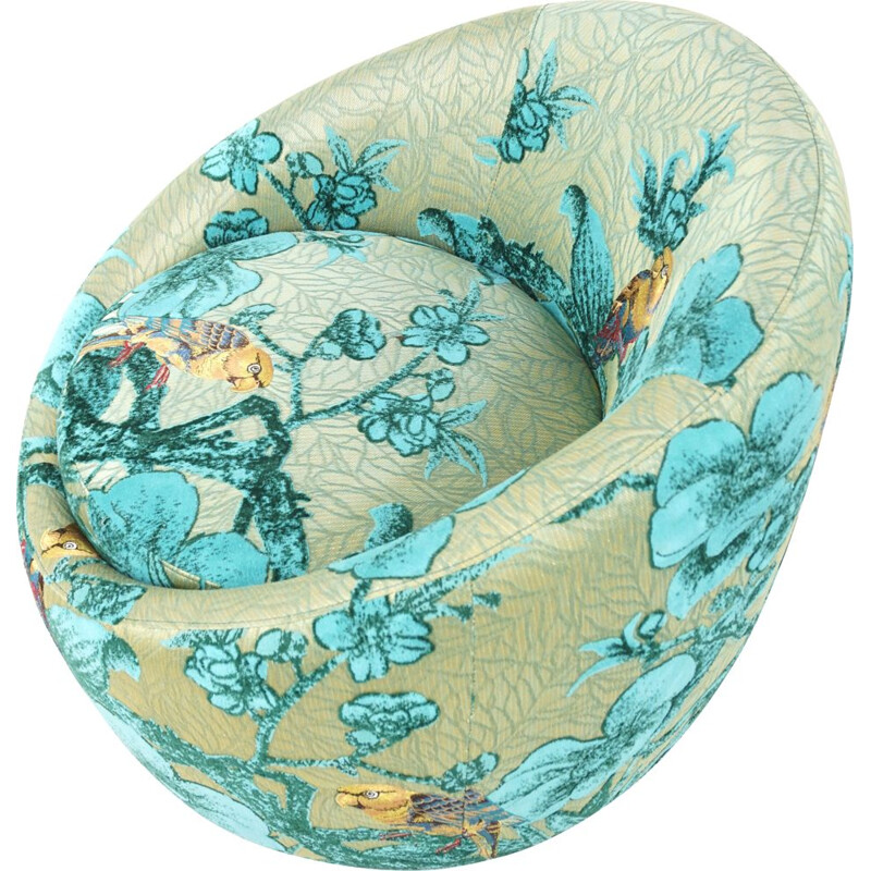 Vintage egg-shaped swivel armchair in turquoise fabric