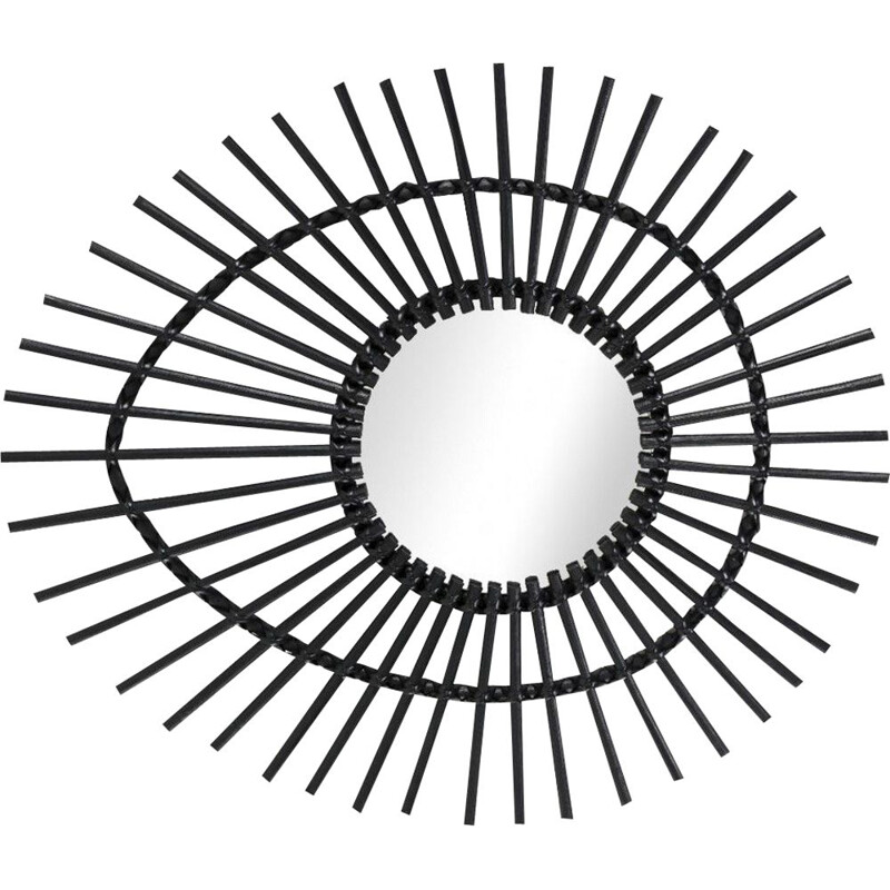 Vintage mirror in black Free form lacquered rattan