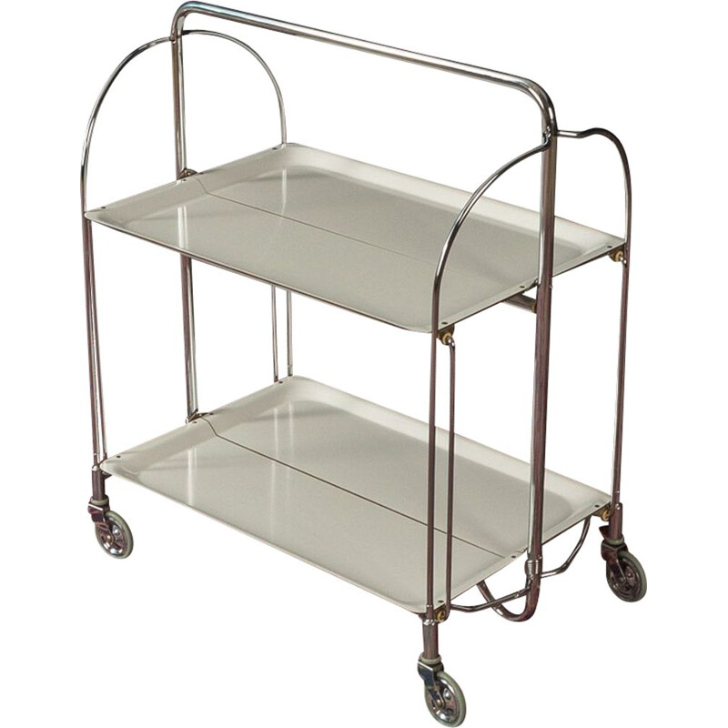 Vintage serving trolley with folding frame in chrome-plated steel tube 1950s