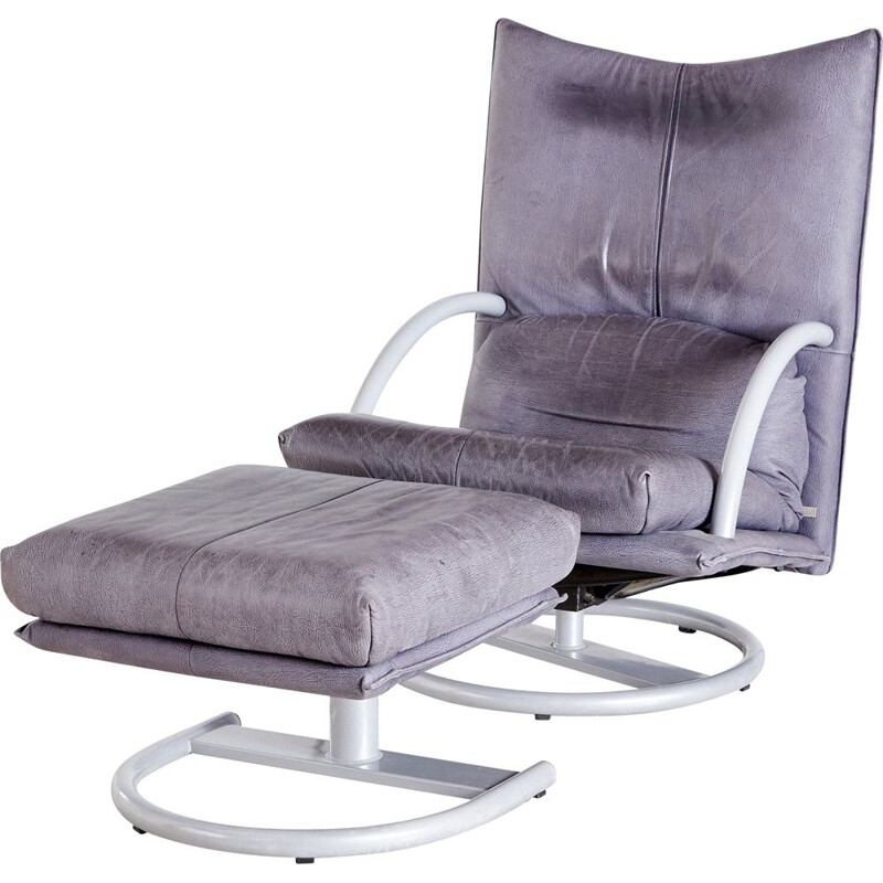 Paire de fauteuil longue et pouf vintage en cuir gris par Rolf Benz 1990