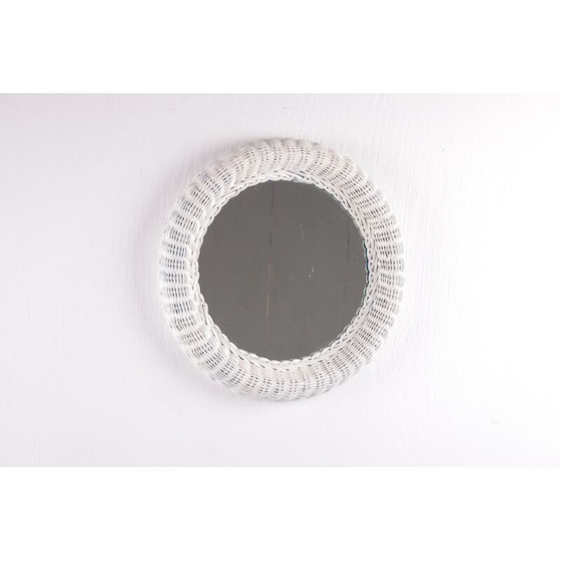 Vintage small round mirror in white rattan