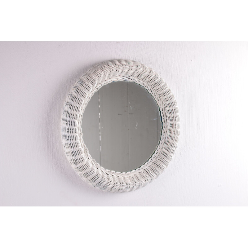 Vintage small round mirror in white rattan