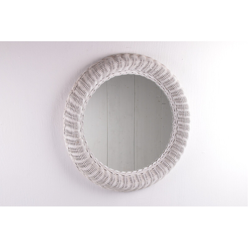 Vintage small round mirror in white rattan