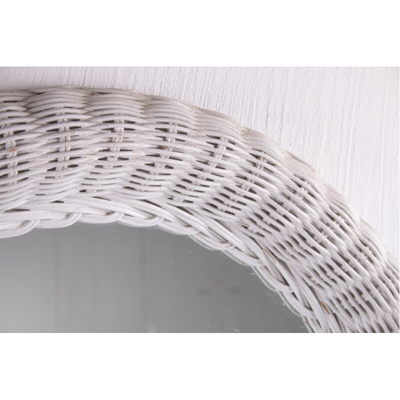 Vintage small round mirror in white rattan